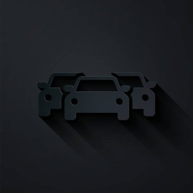 Kağıt kesiği siyah arkaplanda izole edilmiş araba simgesi. Kağıt sanatı tarzı. Vektör İllüstrasyonu