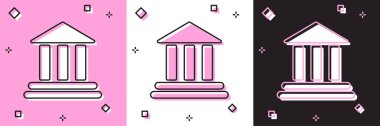 Banka binası simgesini pembe beyaz, siyah arkaplanda izole et. Vektör İllüstrasyonu