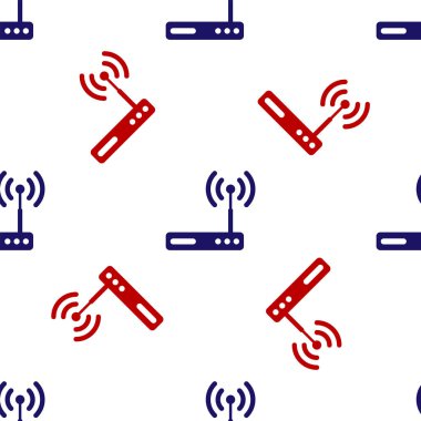 Mavi ve kırmızı Router ve wi-fi sinyal simgesi beyaz arkaplanda izole edilmiş pürüzsüz desen. Kablosuz ethernet modem yönlendirici. Bilgisayar teknolojisi interneti. Vektör İllüstrasyonu