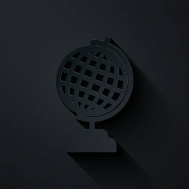 Kağıt kesiği Dünya ikonu siyah zemin üzerinde izole. Kağıt sanatı tarzı. Vektör İllüstrasyonu