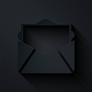 Kağıt kesiği E- posta simgesi ve e- posta simgesi siyah arkaplanda izole edildi. Zarf sembolü e-postası. E- posta kodu. Kağıt sanatı tarzı. Vektör İllüstrasyonu