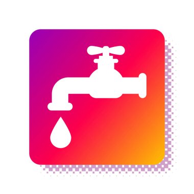 Beyaz zemin üzerinde düşen bir su damlası ikonu olan beyaz su musluğu. Kare renk düğmesi. Vektör İllüstrasyonu