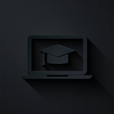 Kağıt kesiği, siyah arkaplanda izole edilmiş dizüstü bilgisayar simgesindeki mezuniyet başlığı. Çevrimiçi öğrenme ya da e-öğrenme kavramı. Kağıt sanatı tarzı. Vektör İllüstrasyonu