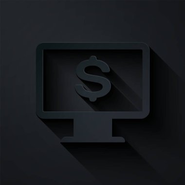 Kağıt kesikli bilgisayar monitörü ve siyah arkaplanda dolar simgesi var. İnternet finansal güvenlik konsepti, çevrimiçi finans koruması. Kağıt sanatı tarzı. Vektör İllüstrasyonu