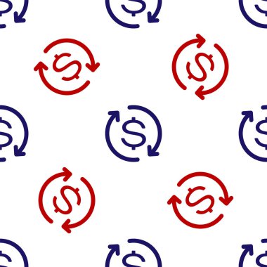 Yatırım simgesinin mavi ve kırmızı dönüşü beyaz arkaplandaki kusursuz deseni izole etti. Para ikonu dönüştürür. İade belgesi. Dolar dönüştürücü konsepti. Vektör İllüstrasyonu
