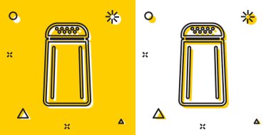 Sarı ve beyaz arka planda izole edilmiş siyah tuz ve biber ikonu. Yemek pişirme baharatları. Rastgele dinamik şekiller. Vektör İllüstrasyonu