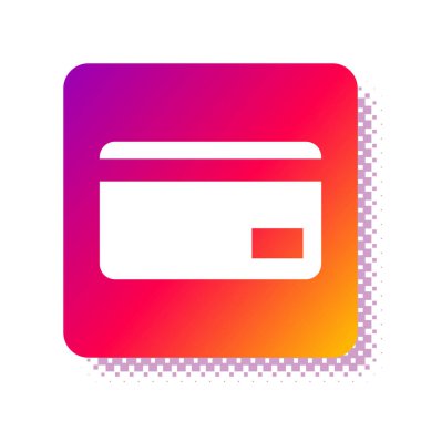 Beyaz kredi kartı simgesi beyaz arkaplanda izole edildi. Çevrimiçi ödeme. Nakit çekilmesi. Finansal operasyonlar. Alışveriş tabelası. Kare renk düğmesi. Vektör İllüstrasyonu