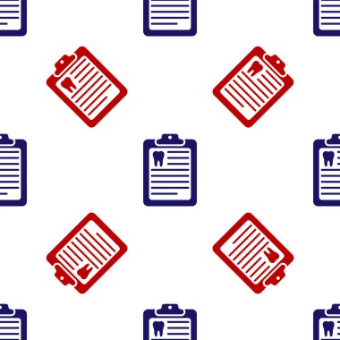 Diş kartı ya da hasta tıbbi kayıtları olan mavi ve kırmızı pano beyaz arka planda izole edilmiş pürüzsüz desen. Diş sigortası. Diş sağlığı kliniği raporu. Vektör İllüstrasyonu