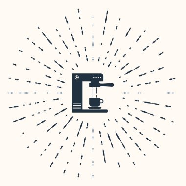 Gri kahve makinesi ve bej arka planda izole edilmiş kahve fincanı ikonu. Soyut çember rastgele noktalar. Vektör İllüstrasyonu