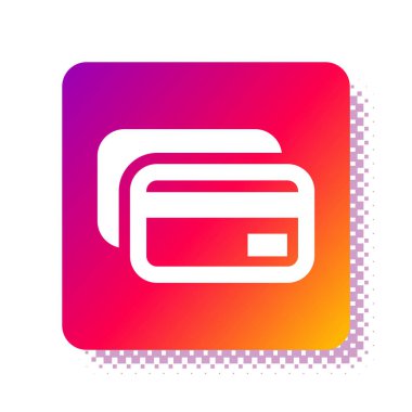 Beyaz kredi kartı simgesi beyaz arkaplanda izole edildi. Çevrimiçi ödeme. Nakit çekilmesi. Finansal operasyonlar. Alışveriş tabelası. Kare renk düğmesi. Vektör İllüstrasyonu