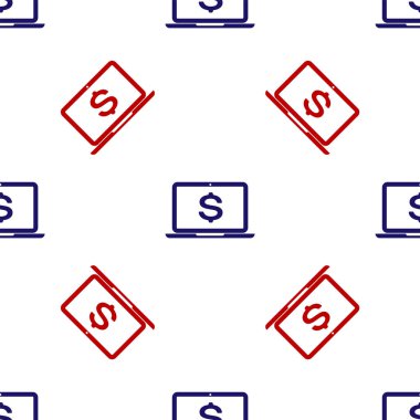 Dolar sembolü simgesi olan mavi ve kırmızı dizüstü bilgisayar beyaz arkaplandaki kusursuz deseni izole etti. İnternetten alışveriş konsepti. Ekonomi konsepti. Vektör İllüstrasyonu