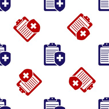 Tıbbi sigorta ikonuna sahip mavi ve kırmızı pano beyaz arka planda izole edilmiş pürüzsüz desen. Hasta koruması. Haçlı pano ve kalkan. Vektör İllüstrasyonu