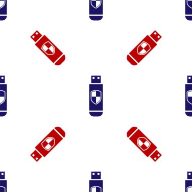 Mavi ve kırmızı Usb flaş bellek ve koruma kalkanı simgesi beyaz arka planda izole edilmiş kusursuz desen. Vektör İllüstrasyonu