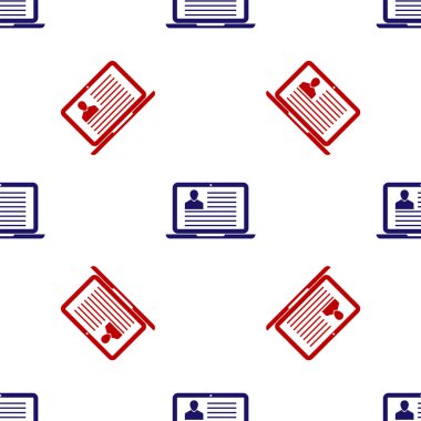 Beyaz zemin üzerinde iz bırakmayan ikona sahip mavi ve kırmızı dizüstü bilgisayar. Özgeçmiş başvurusu. Profesyonel personel aranıyor. Personel analizi devam ediyor. Vektör İllüstrasyonu