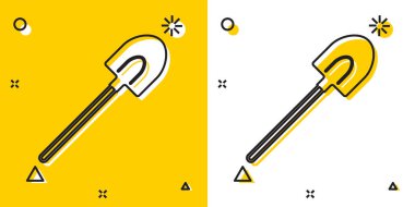 Siyah Bahçe kürek ikonu sarı ve beyaz arkaplanda izole edilmiş. Bahçe aletleri. Bahçecilik, tarım, çiftçilik aleti. Rastgele dinamik şekiller. Vektör İllüstrasyonu