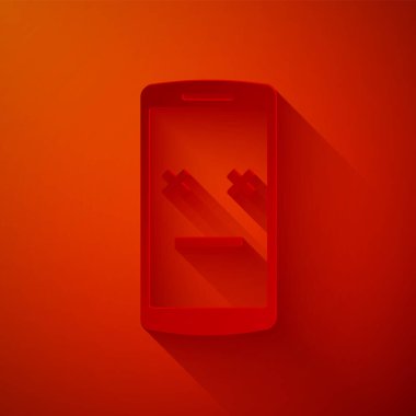 Kağıt kesiği. Kırmızı arkaplanda ölü telefon simgesi var. Ölen dijital cihaz emojisi sembolü. Ceset akıllı telefonu yüz duygusunu gösteriyor. Kağıt sanatı tarzı. Vektör İllüstrasyonu