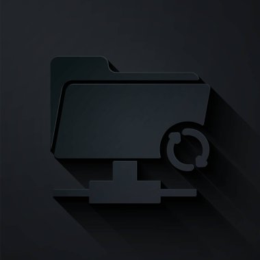 Kağıt kesiği Ftp eşzamanlama simgesi siyah arkaplanda izole edildi. Yazılım güncellemesi, transfer protokolü, yönlendirici, takım çalışması araç yönetimi, kopyalama işlemi. Kağıt sanatı tarzı. Vektör İllüstrasyonu