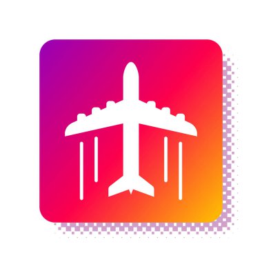 Beyaz düzlem simgesi beyaz arkaplanda izole edildi. Uçan uçak ikonu. Uçak tabelası. Kare renk düğmesi. Vektör İllüstrasyonu