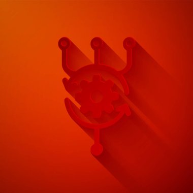 Kağıt kesiği Algoritma simgesi kırmızı arkaplanda izole edildi. Yapay Zeka koleksiyonundan algoritma sembolü tasarımı. Kağıt sanatı tarzı. Vektör İllüstrasyonu