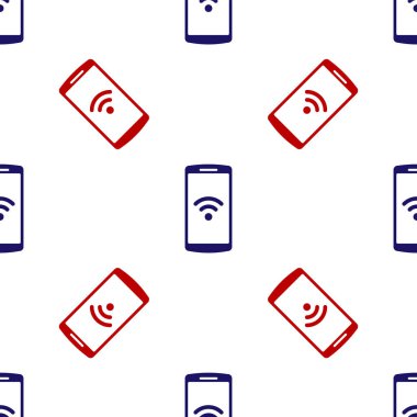 Bedava kablosuz kablosuz bağlantı ikonuna sahip mavi ve kırmızı akıllı telefon beyaz arka planda izole edilmiş pürüzsüz desen. Kablosuz teknoloji, kablosuz ağ, sıcak nokta kavramları. Vektör İllüstrasyonu