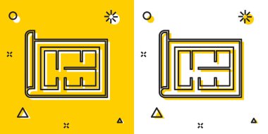 Kara Ev planı ikonu sarı ve beyaz arka planda izole edildi. Rastgele dinamik şekiller. Vektör İllüstrasyonu