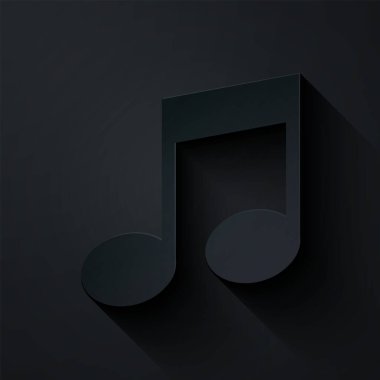 Kağıt kesiği Müzik notası, ton simgesi siyah arkaplanda izole. Kağıt sanatı tarzı. Vektör İllüstrasyonu