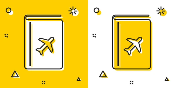 Black Cover book travel guide icon isolated on yellow and white background. Random dynamic shapes. Vector Illustration