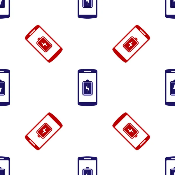 Icône de charge de la batterie bleue et rouge Smartphone motif isolé sans couture sur fond blanc. Téléphone avec une charge de batterie faible. Illustration vectorielle — Image vectorielle