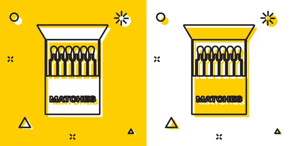 Black Abre la caja de fósforos y coincide con el icono aislado sobre fondo amarillo y blanco. Formas dinámicas aleatorias. Ilustración vectorial — Vector de stock