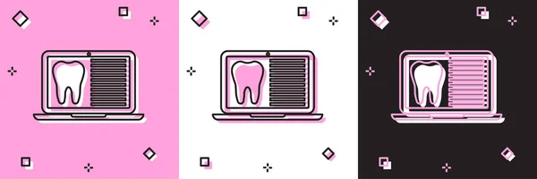 Set Laptop with dental card or patient medical records icon isolated on pink and white, black background. Dental insurance. Dental clinic report. Vector Illustration — Stock Vector