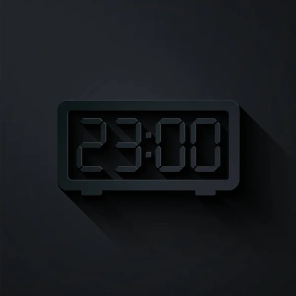 Pappersklipp Digital väckarklocka ikon isolerad på svart bakgrund. Elektronisk klocka väckarklocka. Tidsikonen. Papperskonst. Vektor Illustration — Stock vektor