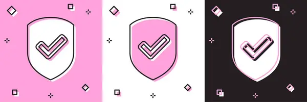 Set Escudo con icono de marca de verificación aislado en rosa y blanco, fondo negro. Símbolo de protección Control de seguridad Icono. Marca el icono aprobado. Ilustración vectorial — Vector de stock