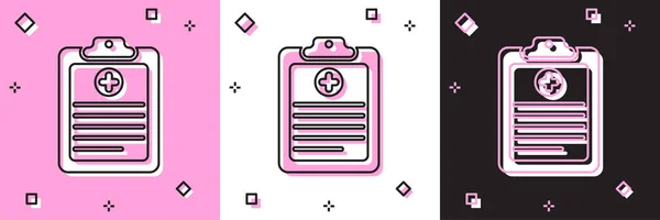 Definir área de transferência médica com ícone de registro clínico isolado em rosa e branco, fundo preto. Formulário de seguro de saúde. Prescrição, relatório de marcas médicas. Ilustração vetorial — Vetor de Stock