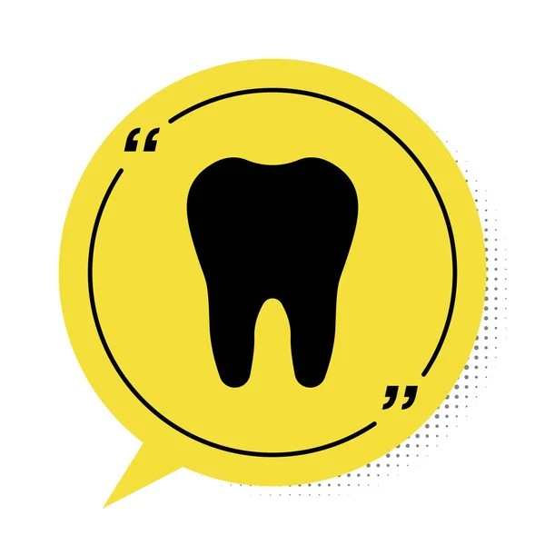 Black Tooth icon isolated on white background. Tooth symbol for dentistry clinic or dentist medical center and toothpaste package. Yellow speech bubble symbol. Vector Illustration — Stock Vector