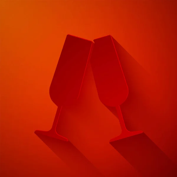 Carta tagliata Bicchieri di champagne icona isolata su sfondo rosso. Stile cartaceo. Illustrazione vettoriale — Vettoriale Stock