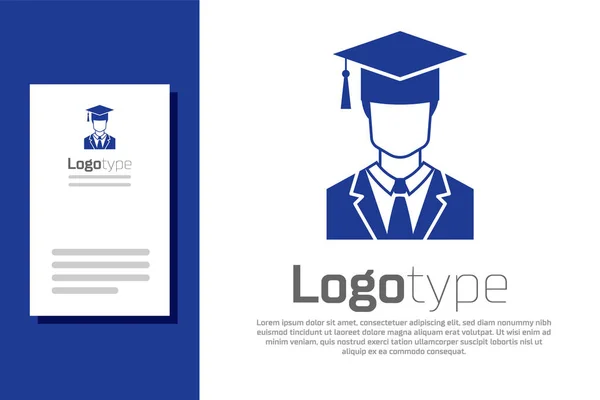 Blue Male graduate student profile with gown and graduation cap icon isolated on white background. Logo design template element. Vector Illustration