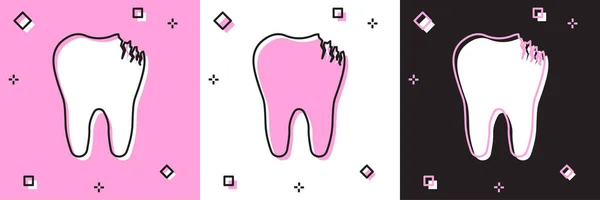 Definir ícone de dente quebrado isolado em rosa e branco, fundo preto. Ícone de problema dentário. Símbolo de cuidados dentários. Ilustração vetorial —  Vetores de Stock