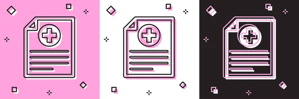 Definir área de transferência médica com ícone de registro clínico isolado em rosa e branco, fundo preto. Formulário de seguro de saúde. Prescrição, relatório de marcas médicas. Ilustração vetorial — Vetor de Stock