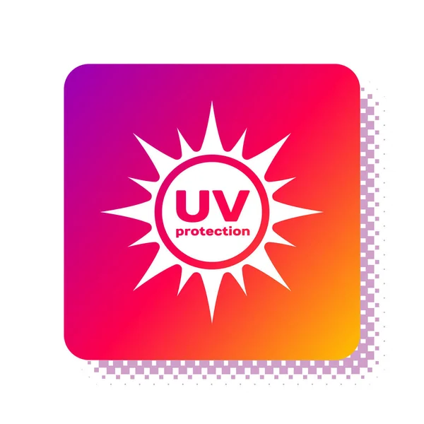 Icona di protezione UV bianca isolata su sfondo bianco. Radiazioni ultraviolette. Segno solare SPF. Pulsante di colore quadrato. Illustrazione vettoriale — Vettoriale Stock