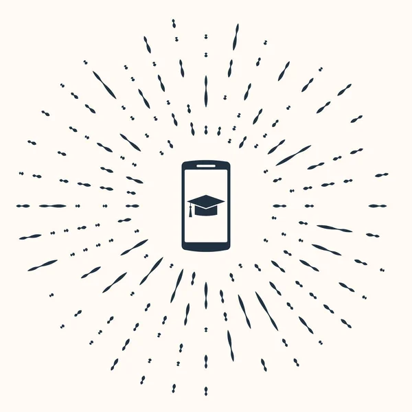Grå Graduation mössa på skärmen smartphone ikon isolerad på beige bakgrund. Nätbaserad inlärning eller e-lärande. Abstrakt cirkel slumpmässiga prickar. Vektor Illustration — Stock vektor