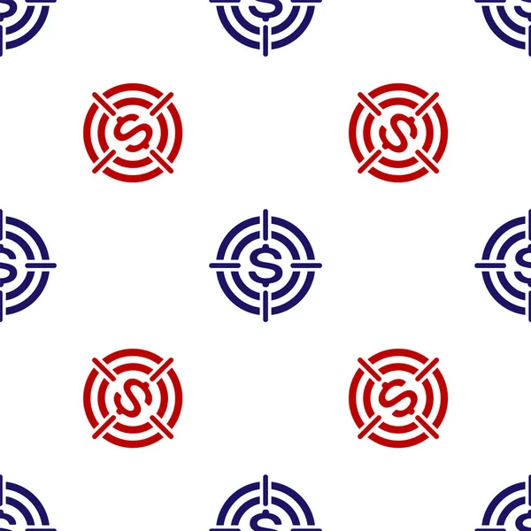 Cible bleue et rouge avec icône symbole dollar motif isolé sans couture sur fond blanc. Icône cible d'investissement. Concept d'entreprise réussi. Espèces ou argent signe. Illustration vectorielle — Image vectorielle