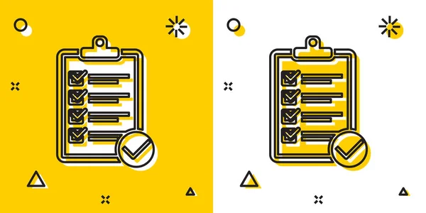 Black Verification of delivery list clipboard and pen icon isolated on yellow and white background (en inglés). Formas dinámicas aleatorias. Ilustración vectorial — Vector de stock