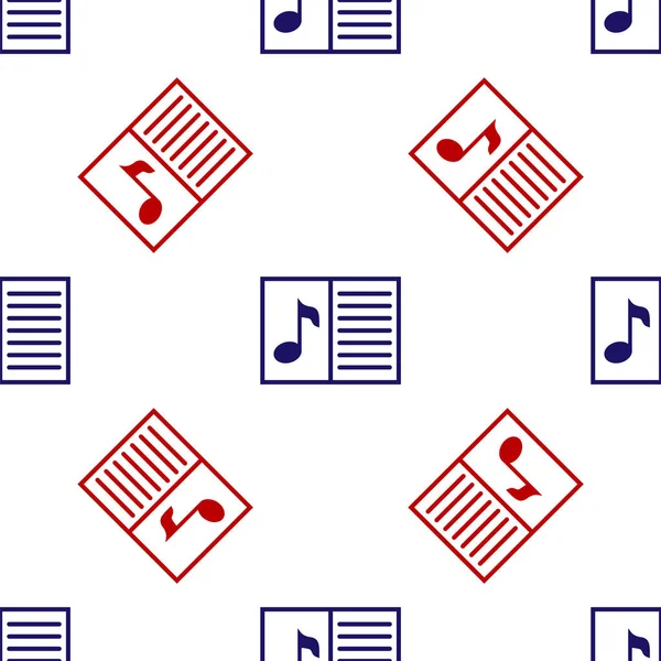Kék és piros Zene könyv megjegyzés ikon elszigetelt zökkenőmentes minta fehér háttér. Zenei lepedő cetlivel. Jegyzetek füzete. Vektorillusztráció — Stock Vector
