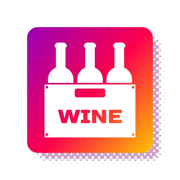 Białe butelki wina w drewnianej ikonie pudełka izolowane na białym tle. Butelki po winie w drewnianej ikonie skrzyni. Kwadratowy przycisk. Ilustracja wektora — Wektor stockowy