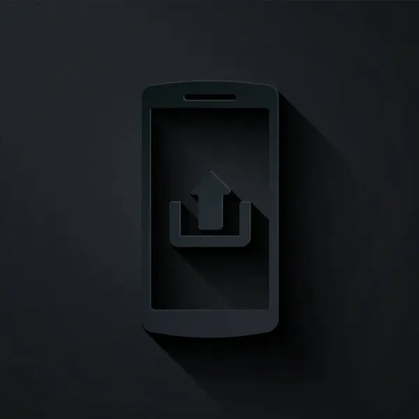 Cięcie papieru Smartfon z ikoną przesyłania izolowane na czarnym tle. Papier w stylu sztuki. Ilustracja wektora — Wektor stockowy