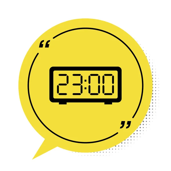 Svart Digital väckarklocka ikon isolerad på vit bakgrund. Elektronisk klocka väckarklocka. Tidsikonen. Symbolen med gula talbubblor. Vektor Illustration — Stock vektor