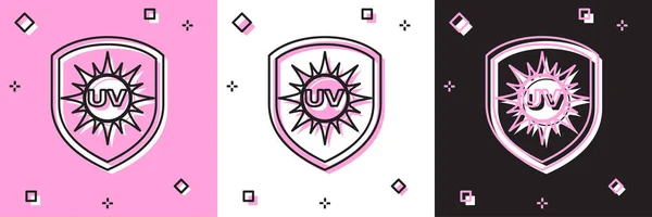 Definir ícone de proteção UV isolado em rosa e branco, fundo preto. Sol e escudo. Radiação de raios ultravioleta. Sinal de sol SPF. Ilustração vetorial — Vetor de Stock