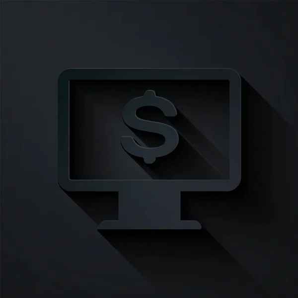 Papiergeschnittener Computermonitor mit Dollarsymbol auf schwarzem Hintergrund. Finanzsicherheitskonzept für das Internet, Schutz der Online-Finanzierung. Papierkunst. Vektorillustration — Stockvektor