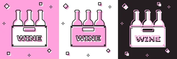 Set Bottles of wine in a wooden box icon isolated on pink and white, black background. Wine bottles in a wooden crate icon. Vector Illustration — ストックベクタ