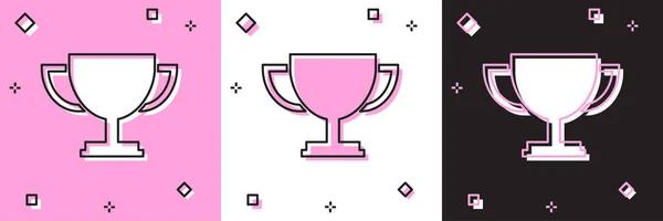 Set Trophy kupa ikon elszigetelt rózsaszín-fehér, fekete háttér. Díj szimbólum. Bajnoki kupa ikon. Vektorillusztráció — Stock Vector
